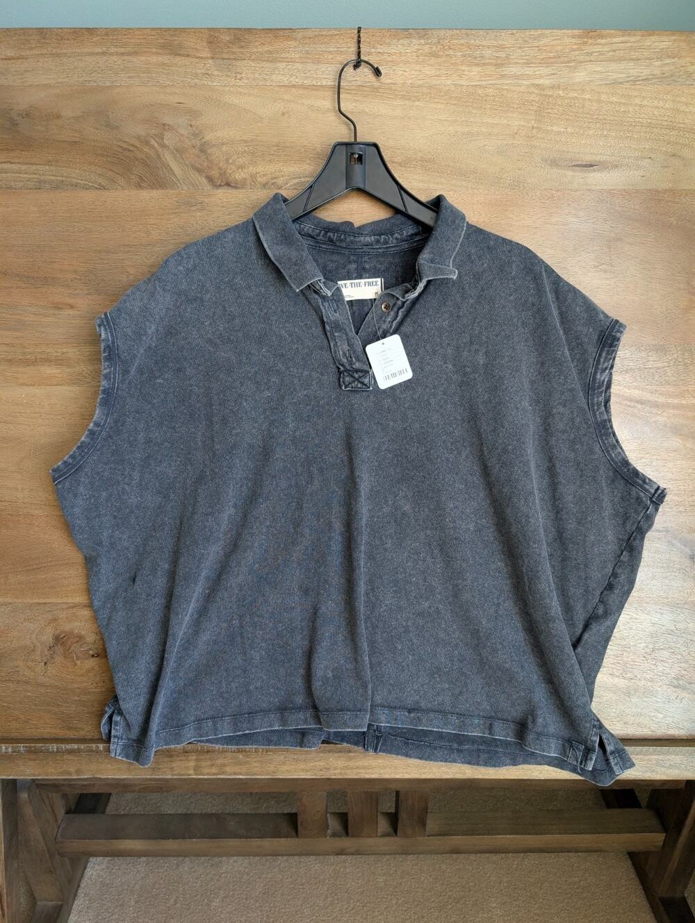 NWT We The Free People Polo Shirt Top Womens Medium Black Collared Slit Popover
